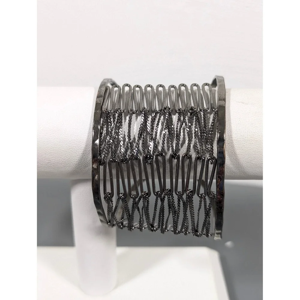 Gunmetal Gray Open Metal Work Wide Cuff Bracelet Statement Bracelet‎ 7